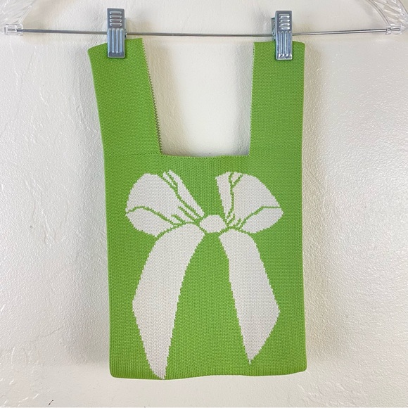 Free People Handbags - Free People Green & Cream Pistachio Bow Cotton Ribbed Knit Mini Tote Bag